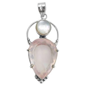 Faceted Rose Quartz/Pearl Sterling Silver Handmade Pendant