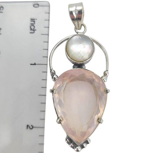 Faceted Rose Quartz/Pearl Sterling Silver Handmade Pendant - Image 3