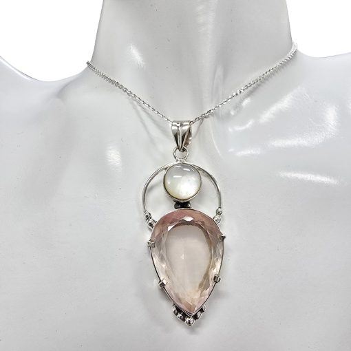 Faceted Rose Quartz/Pearl Sterling Silver Handmade Pendant - Image 2