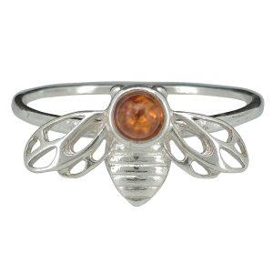 Cognac Amber Sterling Silver Bee Ring