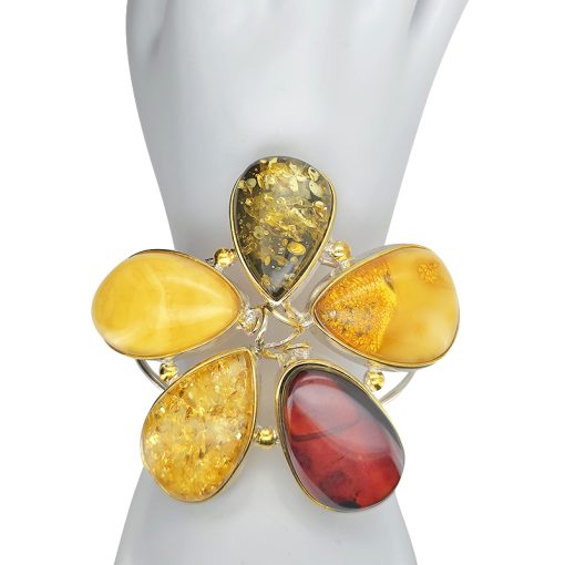 Multi Color Amber Sterling Silver Handmade Cuff Bracelet - Image 2