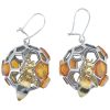 Bumble Bee On Honeycomb Amber Silver Earrings On Hooks