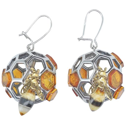 Bumble Bee On Honeycomb Amber Silver Earrings On Hooks