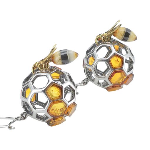 Bumble Bee On Honeycomb Amber Silver Earrings On Hooks
