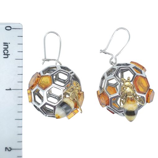 Bumble Bee On Honeycomb Amber Silver Earrings On Hooks - Image 3