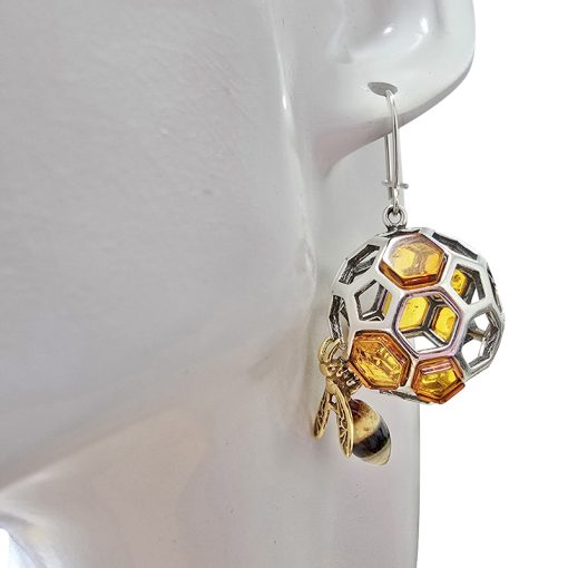 Bumble Bee On Honeycomb Amber Silver Earrings On Hooks - Image 2