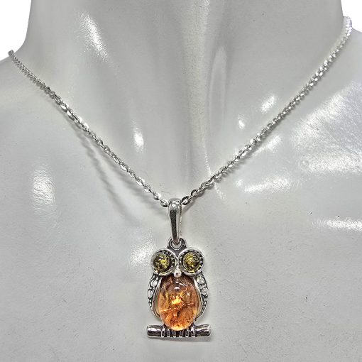 Owl Multi-Color Amber Sterling Silver Pendant - Image 2