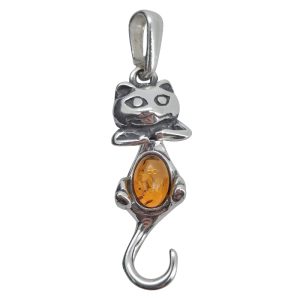 Cognac Amber Sterling Silver Cat Pendant