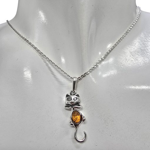Cognac Amber Sterling Silver Wiggling Cat Pendant - Image 2