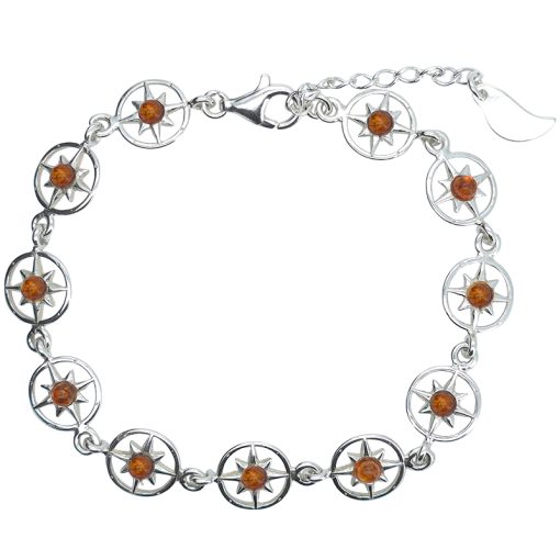 Compass Rose Cognac Amber Silver Link Bracelet