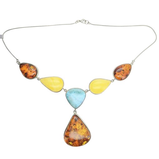 Handmade Multi-Color Amber And Larimar Sterling Silver Necklace 24'' - Image 2