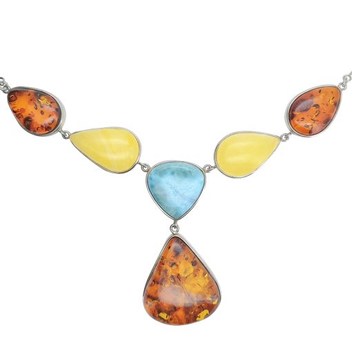 Handmade Multi-Color Amber And Larimar Sterling Silver Necklace 24''