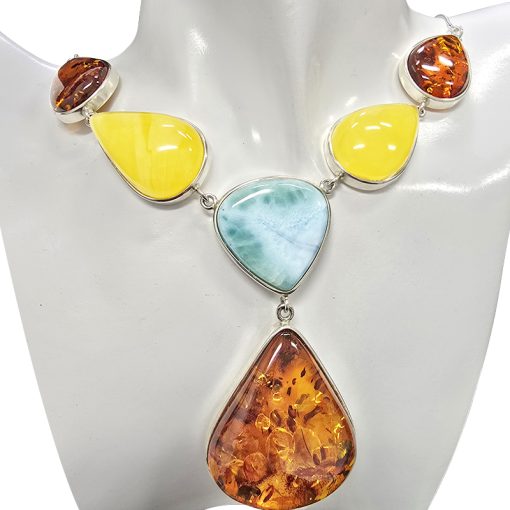 Handmade Multi-Color Amber And Larimar Sterling Silver Necklace 24''