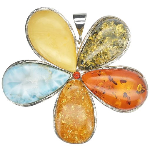 Flower Amber / Larimar Handmade Pendant