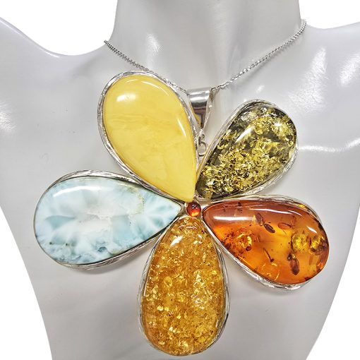 Flower Amber / Larimar Handmade Pendant