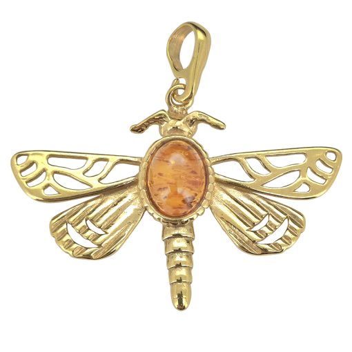 Butterfly Cognac Amber Gold Plated Silver Pendant