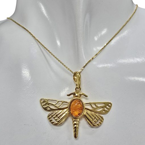 Dragonfly Cognac Amber Gold Plated Silver Pendant - Image 2