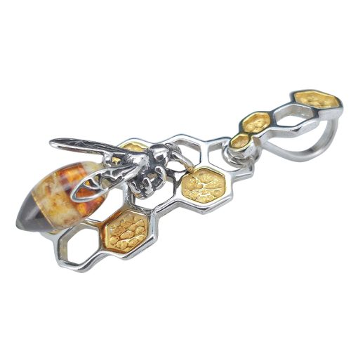 Amber Bee On A Silver Honeycomb Pendant
