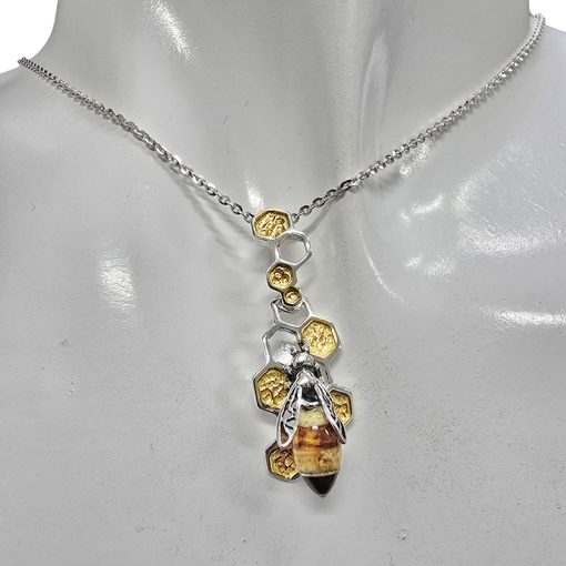 Amber Bee On A Silver Honeycomb Pendant - Image 2