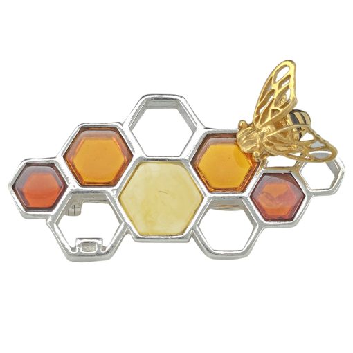 Amber Gold Plated Silver Bee On Honeycomb Pin/Brooch. Multi-color amber stones set in .925 sterling silver. 14K Gold-plated silver. Genuine Baltic amber.