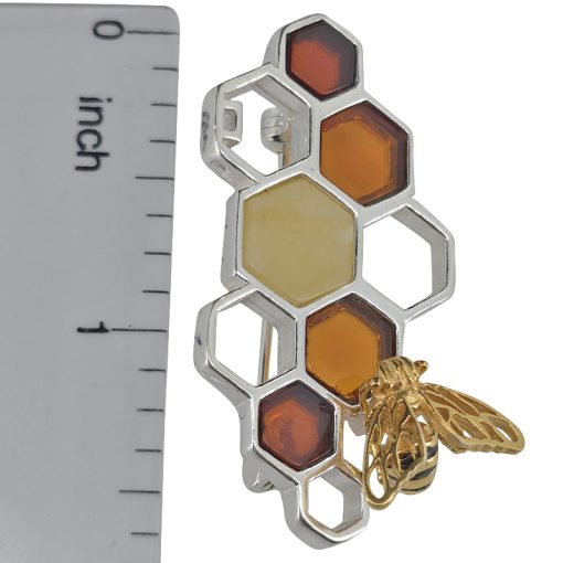Amber Gold Plated Silver Bee On Honeycomb Pin/Brooch - Image 3