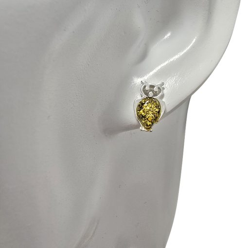 Owl Sterling Silver Green Amber Stud Earrings - Image 2