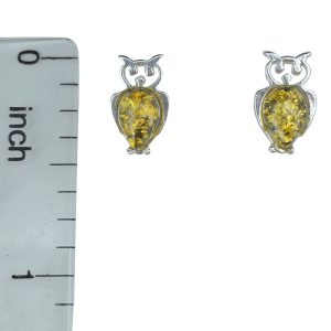 Owl Sterling Silver Green Amber Stud Earrings