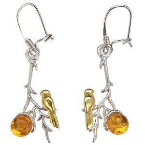Bird on a Branch Earrings/Amber Gold Plated Silver