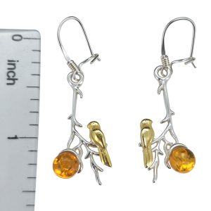 Bird on a Branch Earrings/Amber Gold Plated Silver