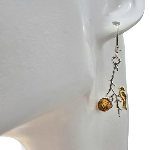 Bird on a Branch Earrings/Amber Gold Plated Silver - Image 2