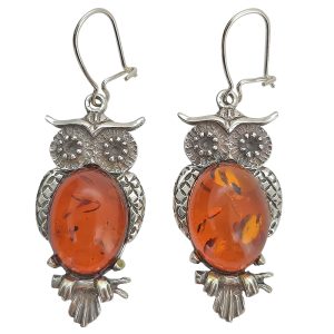 Owl Cognac Amber Sterling Silver Earrings On Hooks