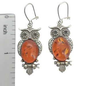 Owl Cognac Amber Sterling Silver Earrings On Hooks