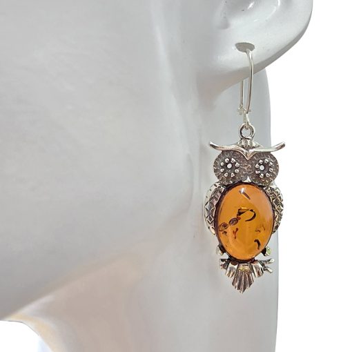 Owl Cognac Amber Sterling Silver Earrings On Hooks - Image 2