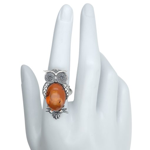 Owl Cognac Amber Sterling Silver Adjustable Ring - Image 2