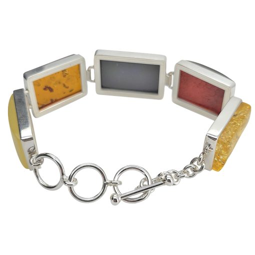 Multi Color Amber Sterling Silver Handmade Link Bracelet