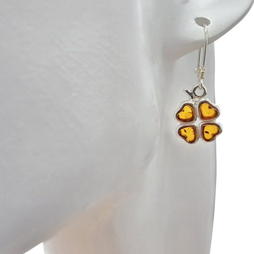 Cognac Amber Sterling Silver Clover Earrings On Hooks - Image 2