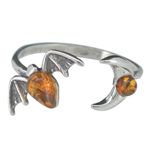 Cognac Amber Sterling Silver Bat/Moon Adjustable Ring