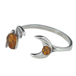 Cognac Amber Sterling Silver Bat/Moon Adjustable Ring