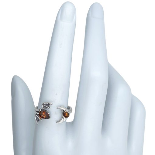 Cognac Amber Sterling Silver Bat/Moon Adjustable Ring - Image 3
