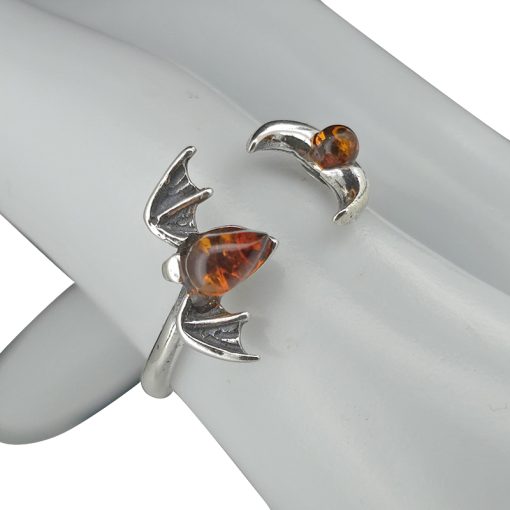 Cognac Amber Sterling Silver Bat/Moon Adjustable Ring - Image 2