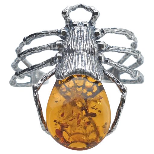 Spider Handmade Cognac Amber Oxidized Silver Cuff Bracelet