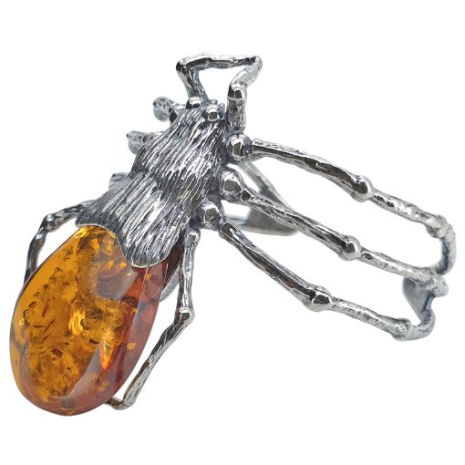 Handmade Spider Cognac Amber Oxidized Silver Cuff Bracelet - Image 2