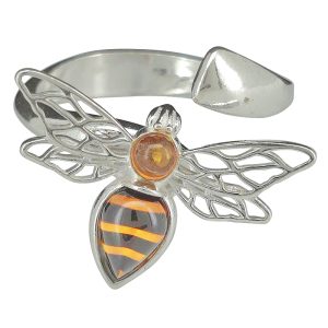 Amber Cameo Bee Sterling Silver Adjustable Ring