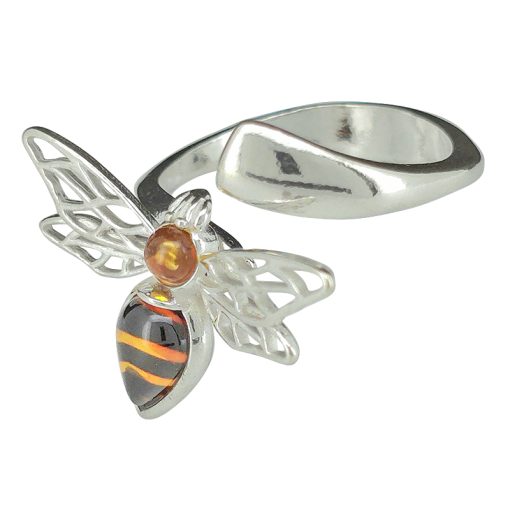 Amber Cameo Bee Sterling Silver Adjustable Ring