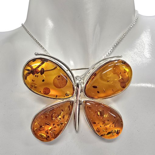Cognac Amber Sterling Silver Handmade Butterfly Pin/Pendant - Image 2