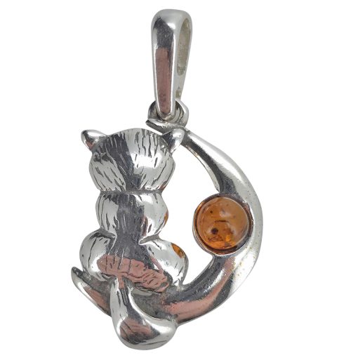 Cat On The Moon Cognac Amber Silver Pendant