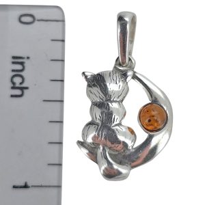 Cat On The Moon Cognac Amber Silver Pendant