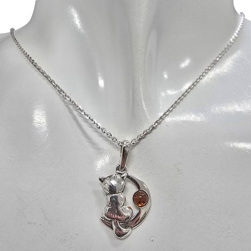 Cat On The Moon Cognac Amber Silver Pendant - Image 2