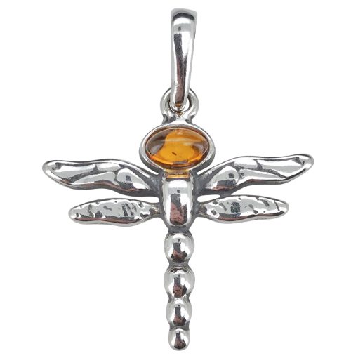 Dragonfly Cognac Amber Sterling Silver Pendant