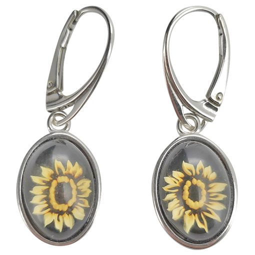 Sunflower Cameo Amber Silver Hook Earrings